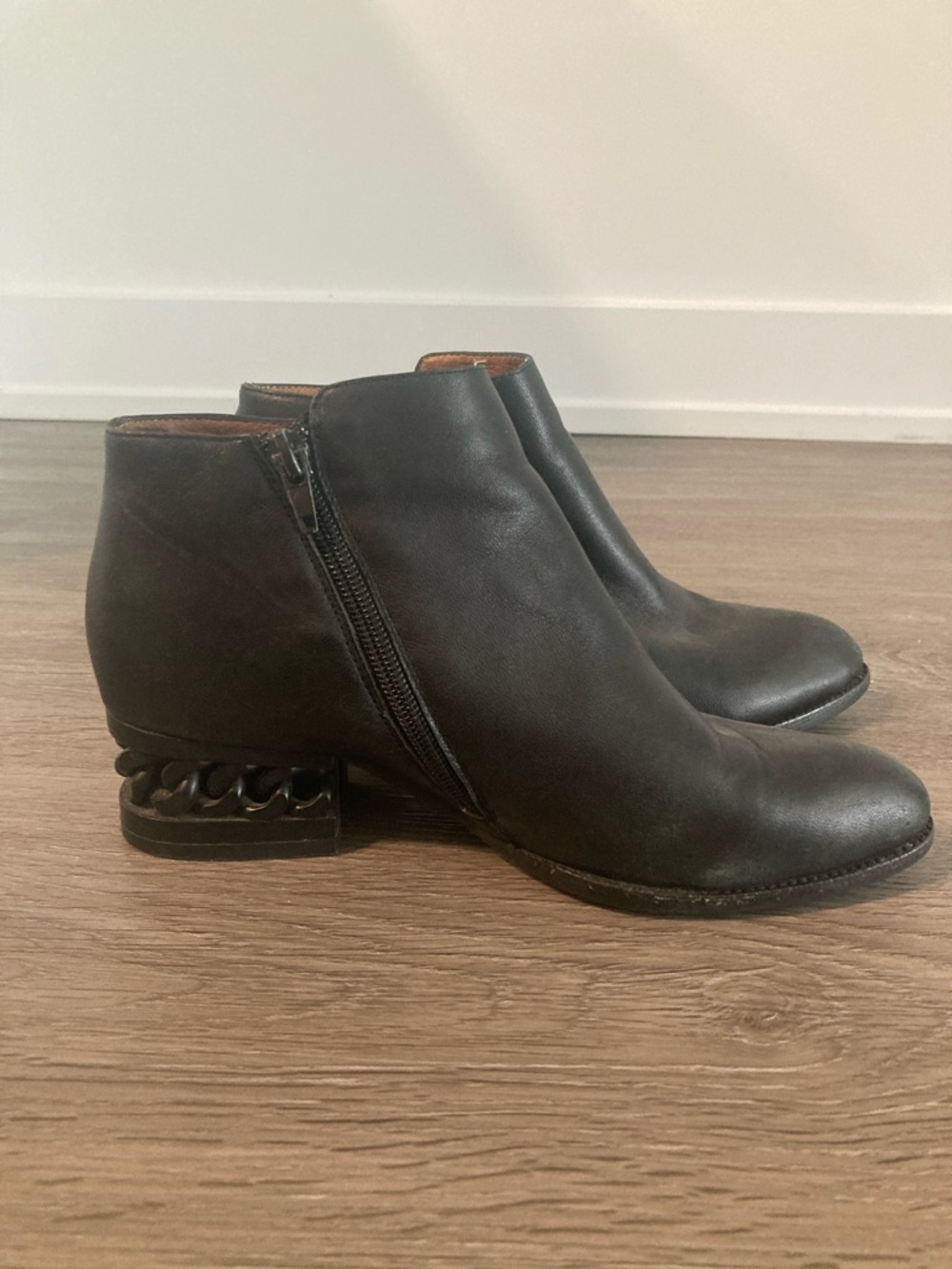 Jeffrey Campbell Black Leather Ankle Booties with Chain-Link Heel